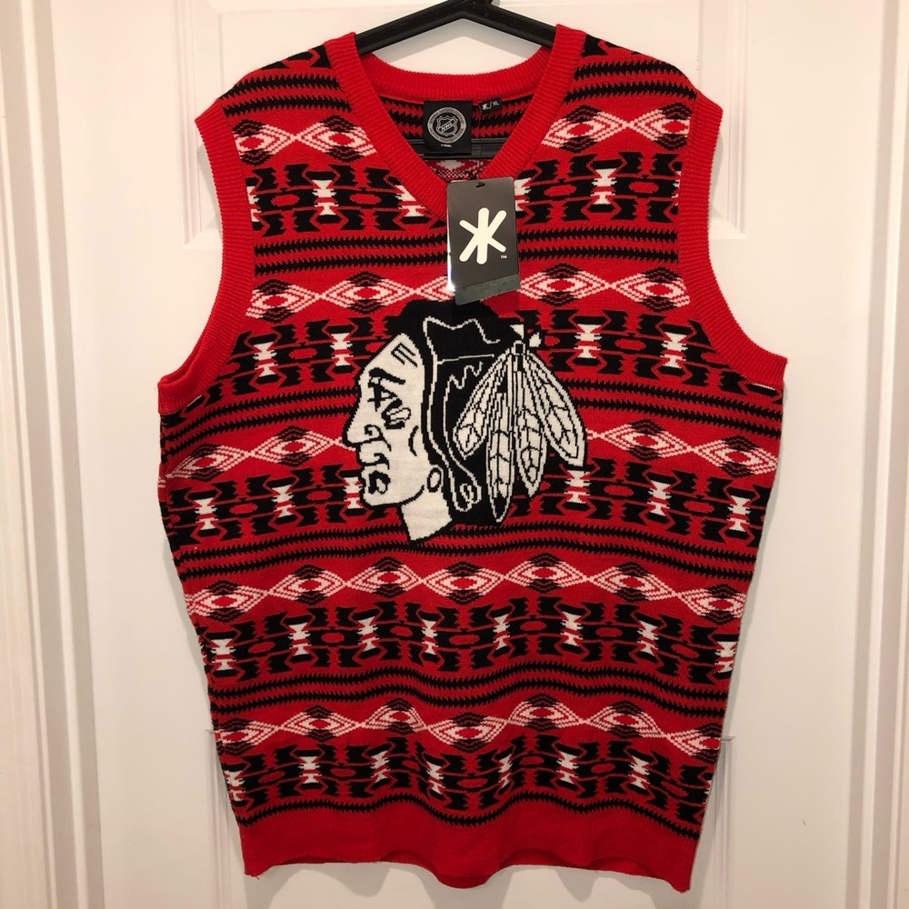 New NHL Chicago Blackhawks Men’s Ugly Hockey Sweater Vest Sz XL